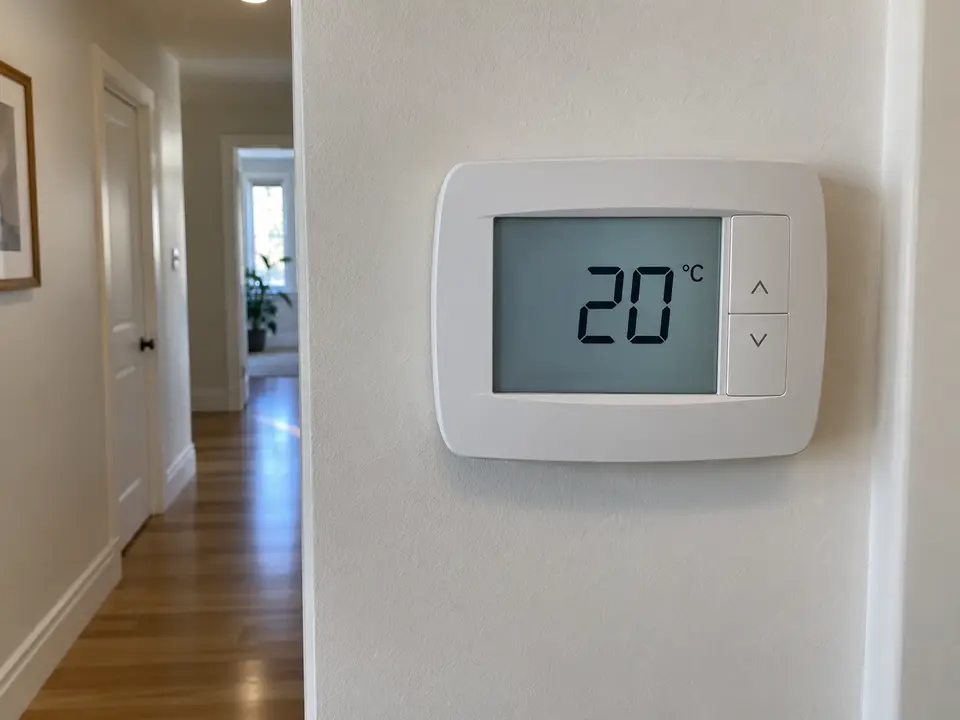 Fictional photo of a thermostat displaying 20 degrees Celsius